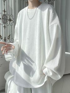 Loose Fit Large Size Long Sleeve T-Shirt for Men Spring Fashion Inner Wear White Color Teenage Pop Style Polyester Blend