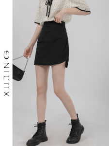 Black High Waist A-Line Mini Skirt Womens Spring 2025 Slimming Wrap Waist Pleated Commute Korean Style Half Body Skirt