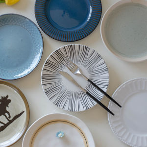 Retro Phong Cách Nhật Bản 8 Inch Gốm Bít Tết Đĩa Chén Ăn Phong Cách Scandinavia Sứ Đĩa Tròn Người Lớn Đồ Ăn