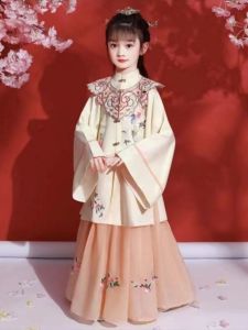 Girls Ming Dynasty Style Wide Sleeve Cloud Shoulder Hanfu Set Childrens Traditional Chinese Costume Little Girls Dress