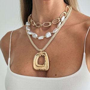 SHIXIN 3Pcs/Set Fashion Geometric Square Pendant Necklace for Women Elegant Stackable Imitation Pearl Choker Daily Wear Jewelry