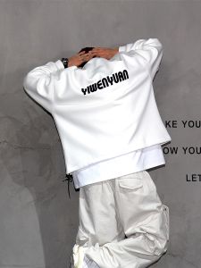 Oversize Trendy Long Sleeve Fleece Lined Short Wide Style Mens Hoodie Casual Layering Top Youth Popular Print round Neck Thickened