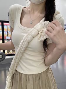 Kumikumi Basic Solid Color Square Collar Short Sleeve T-Shirt Women Summer Anti-Aging Chic Shoulder Length Short Top