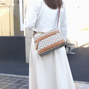 Women Vintage Pattern PU Sling Bag Multi Compartment Zipper Crossbody Bag Adjustable Wide Shoulder Strap