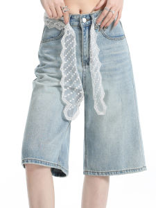 American Retro Loose Wide Leg Five-Point Jeans Women Summer Wash Light Design High Waist Straight Tube Medium Length Pants