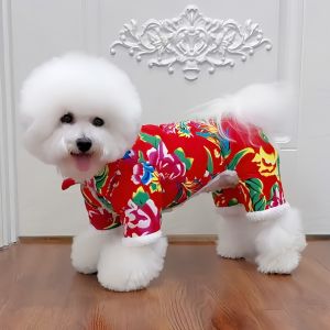 New Year Pet Dog Cotton Padded Floral Coat Four Legs Warm Clothes Teddy Bichon Puppy Year of Tiger Traditional Chinese Costume