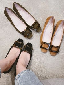 Hawksbill Buckle Genuine Leather Flats Womens Chunky Heel Square Toe Pumps Flats Suede Surface Autumn New Arrival Easiest for Match Comfortable Womens Shoes