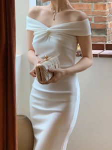 French Style White One Shoulder Dress Womens Spring Elegant High End Feeling Marriage Certification Engagement Birthday Evening Gown
