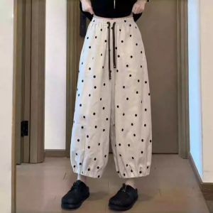 Shalldoer | Elegant Embroidered Polka Dot Linen Casual Pants Womens Summer New Style High Waist Wide Leg Nine Points Pants
