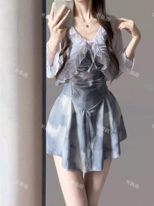 Beivvi Ladies Tie-Dye Slimming One-Piece Swimsuit Thermal Vacation Pure Desire Style Long Sleeve Casual Swimwear for Women