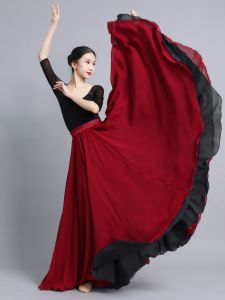 720 Degree Rotating Skirt Double Sided Chiffon Half Length National Dance Performance Womens Long Skirt High Waist A-Line