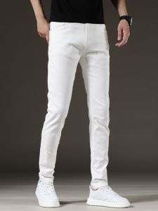 White Slim Fit Mens Jeans Elastic High Quality Versatile Black Long Pants Autumn Fashionable Brandless Mid-Low Waist Straight Leg