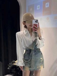 Váy Ngắn Denim Cạp Cao Thời Trang Mùa Hè Cho Nữ Váy Ngắn Chữ a Ôm Sát Cơ Thể Váy Ngắn Denim Rách Thời Trang