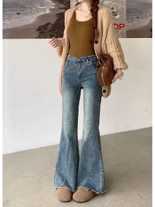 กางเกงยีนส์ทรงหลวมเอวสูง ทรงสลิมฟิต กางเกงขายาว ทรงเข้ารูป กางเกงยีนส์ทรงขาบานสำหรับผู้หญิง สไตล์วินเทจ เรียบง่าย หรูหรา ฤดูใบไม้ร่วง 2025