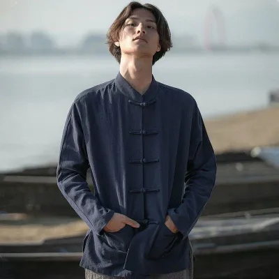 Mens New Chinese Style National Trend Retro Tang Costume Button Cotton Linen Long Sleeve Shirt Tea Ceremony Top Collar Tai Chi Clothes