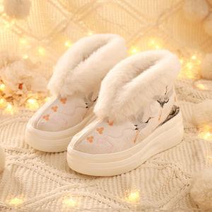 Giày Bốt Đế Dày Lót Lông Cừu Trang Phục Hanfu Mùa Đông Thêu Hạc Giày Cao Gót Kiểu Trung Hoa Mới Giày Dân Tộc Phong Cách Quần Sọc