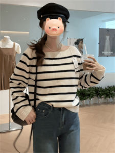 BINKAFENNY | Korean Style Striped Long Sleeve Knitted Shoulder Baring Top Womens Autumn Fashion One Word Shoulder Exposure Shirt