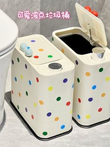 Cute Polka Dot Trash Can Press Type Bathroom Living Room Home Use Stainless Steel Square Shape 10L Capacity Family Cleaning Tool