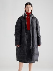 MY TENO | Maten Wool Leather Jacket Long Loose Warm Hooded Stand Collar Down Coat Simple Style Commute Pure Color Thickened White Duck Down