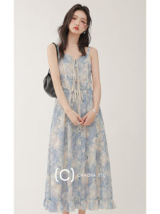 Heavy Embroidery French Strap Dress Women Summer New Flower Pattern Skirt A-Line Silhouette High Waist V-Neck Long Sleeveless