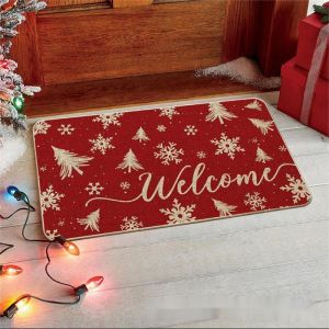 VIKAMA Red Christmas Doormat Cute White Reindeer Faces Peeking Snowflakes Welcome Mat Entryway Rug Xmas Front Door Mat