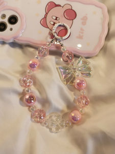 Ins Style Colorful Beads Short Crystal Bracelet Womens Durable Mobile Phone Lanyard Fashionable Butterfly Knot Wide Strap Chain Hand Wrist Rope