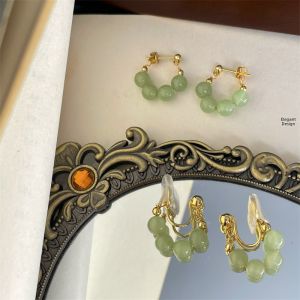 Retro Chinese Style Small Elegant Ladylike Green Imitation Jade Bead Earrings Gold Plated 14K Yang Green Stud Earrings