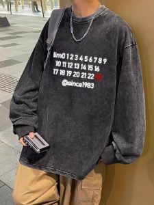 Washed Vintage Long Sleeve T-Shirt Mens Spring Autumn Heavyweight Trendy Design Couple Base Shirt Top Cotton Pure Youth Popular