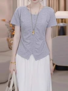 WANGGONGZHU | Womens Summer T-shirt Short Sleeve Zipper Slit Slimming Versatile Top Korean Style Commute Fashion Plus Size Folded Design