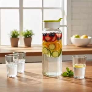 Bình Thủy Tinh Đựng Nước 1 Lít Thiết Kế Thân Trụ Đa Giác Sang Trọng Có Quai Cầm - BRN22