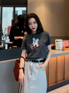 Original Hong Kong Style Chic Summer Womens T-shirt Short Sleeve Print Casual Versatile round Neck Loose Fit Commute Wear