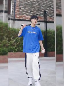 Mens tide drawstring sweatpants thin mens sweatpants loose splicing fashion casual pants new mens clothing