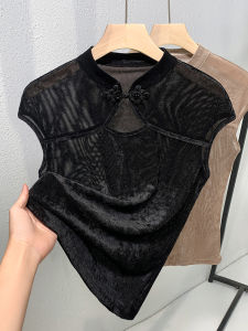 Black Hollow out Sleeve Tunic Top with Button Design for Women Vintage Style New Chinese Style Autumn Collection Base Shirt