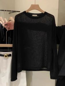 Womens Summer Long Sleeve Linen T-shirt Air Conditioning Micro-permeable Design Sense Small Audience Strap Outerwear Top