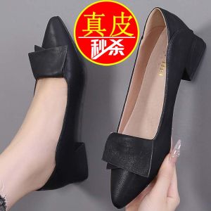 Genuine Leather Pointed Toe mid Heel Single Shoes Women Spring Autumn New Thick Heel Mom Shoes Soft Leather Work Shoes Women