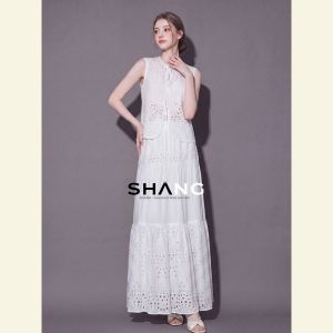 SHANGSHA | Elegant Design White Embroidered Lace-Up Vest Dress Set