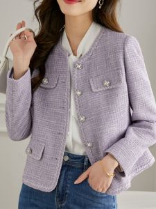 Elegant Purple French Style Short Coat Womens Spring Autumn Top Design Sensation Small Size Lady Brand Commute Slim Fit
