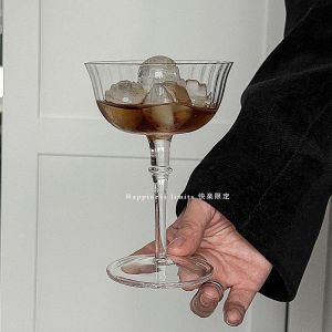 Vertical Stripe High Foot Glass Cup Cocktail Coffee Wine Red Wine Cup Nordic Style round Shape Transparent Color Commercial Use