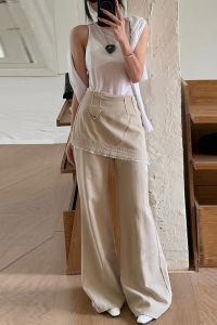 Casual Lace Splice Apron Micro Flared Jeans High Waist Loose Wide Leg Pants Floor Length Pants Multi Pocket Zipper Closure