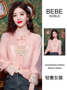 BEBE NOBLE Chinese Style Womens Shirt Long Sleeve Silk Chiffon Embroidery Button up Spring Autumn Vintage Fashion