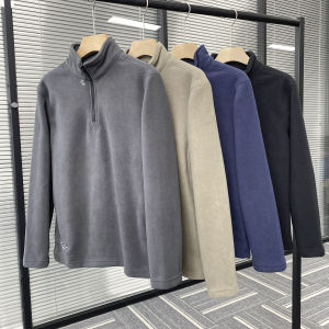 เสื้อสเวตเตอร์คอตั้งทรงหลวมแขนยาวทรงหลวมสำหรับผู้ชาย ฤดูใบไม้ร่วง/ฤดูหนาว ผ้าขนแกะสองด้าน ซิปครึ่งตัว อบอุ่น ไซส์ใหญ่ เสื้อสเวตเตอร์คอตั้ง