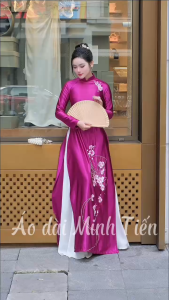 Áo Dài Chất Liệu Lụa SaTin Cao Cấp - Hàng May Và Thêu Thủ Công Tỉ Mỉ Từng Áo - Mã C60 Hồng TÍM
