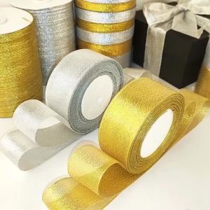(3-50mm) Gold/Silver Silk Satin Organza Ribbon Polyester Ribbon Handmade DIY Wedding Cake Gift Decoration Craft Supplies