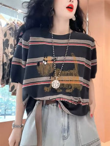QINGNAER | Stylish and Slimming Loose-fitting T-shirt Cartoon Stripes Plus Size