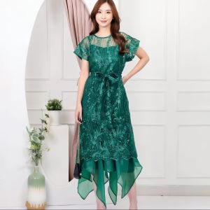 Dress Brokat Pesta Wanita Mewah Elegant Dress Tulle Mutiara Kombi Organza Kekinian Fashion Dress Rumbai Kondangan Nora Zh
