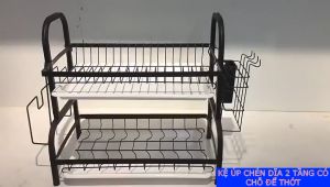 Kệ Để Chén Đĩa 2 tầng sơn Thép Carbon Sơn Đen Giá Bát Nhỏ Có Khay Hứng Nước Đa Năng