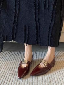 Red Mary Jane Flat Shoes Vintage Style Slip-On Leather Upgraded Version Womens Fashion Single Shoes Beautiful Open-Toe Buckle