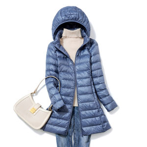 Lightweight Womens Mid-Length down Jacket White Duck Feather Hooded Coat Thin Outerwear Large Size Detachable Cap