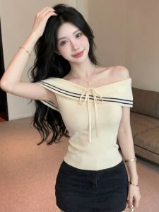 GUZILIAN | Navy Stripe Off-Shoulder Tie Collar Sleeveless Shirt