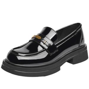 Josiny | Thick Sole Black British Style Loafers Chunky Heels